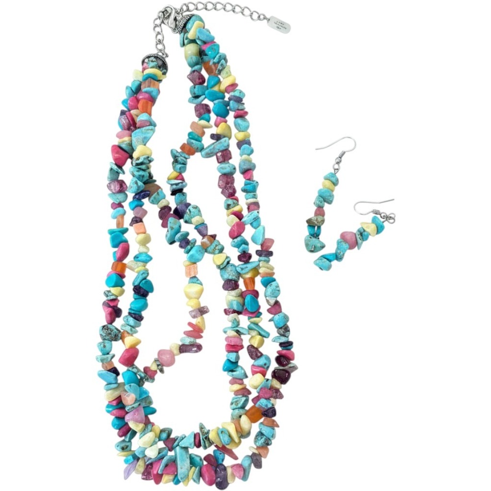 J. Jill Multi Strand Stone Chip Bead‎ Necklace and Earrings Set Multicolor Boho